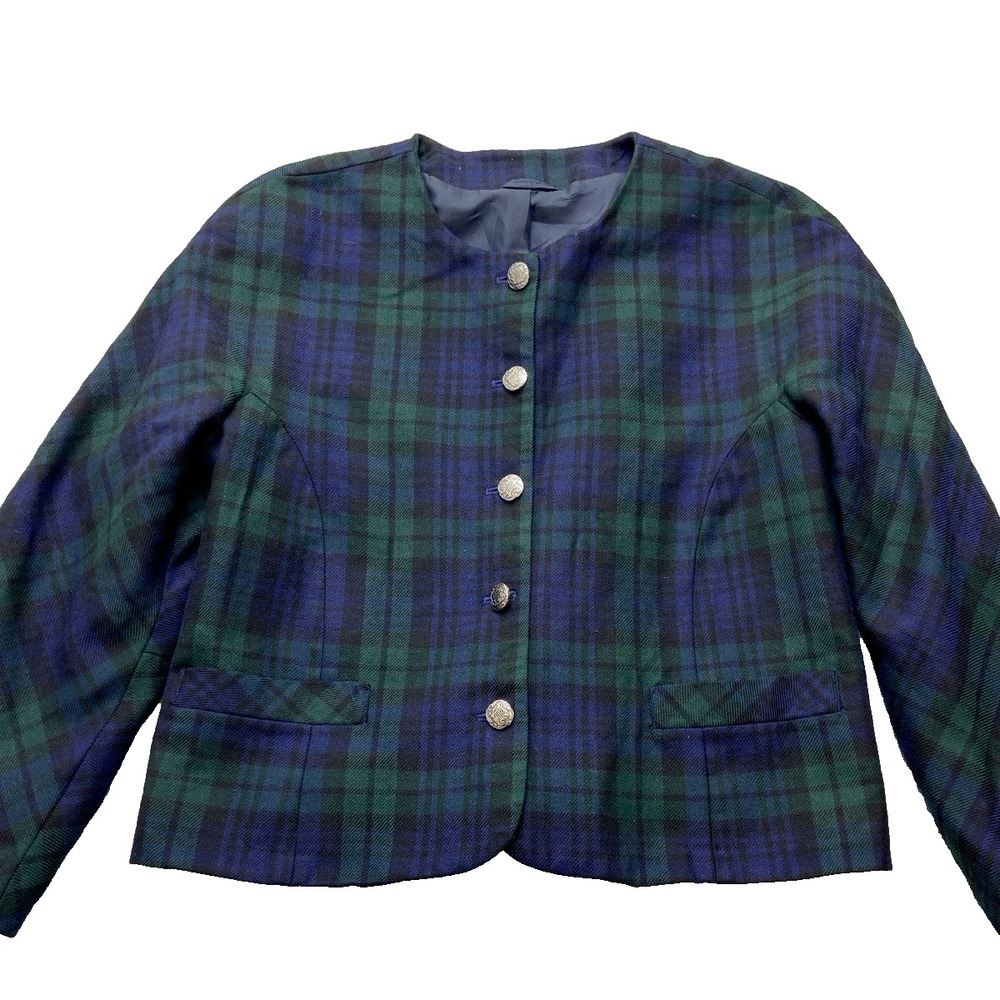Highland Home Industries Blazer Womens M Green Blue Tartan Plaid Wool Lined UK